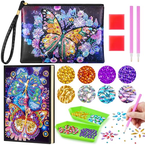 Enbagold Diamond Painting Kinder Kosmetiktasche & A5 Notizbuch, Bastelset Kinder ab 6 Jahre, Basteln Mädchen 8-12 Jahre, Geschenk Mädchen 6 7 8 9 10 11 12 Jahre -Lila Schmetterling+2 Schmetterlinge von Enbagold