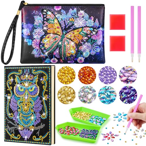 Enbagold Diamond Painting Kinder Kosmetiktasche & A5 Notizbuch, Bastelset Kinder ab 6 Jahre, Basteln Mädchen 8-12 Jahre, Geschenk Mädchen 6 7 8 9 10 11 12 Jahre -Lila Schmetterling + Eule von Enbagold