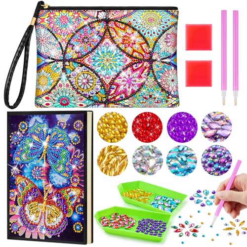 Enbagold Diamond Painting Kinder Kosmetiktasche & A5 Notizbuch, Bastelset Kinder ab 6 Jahre, Basteln Mädchen 8-12 Jahre, Geschenk Mädchen 6 7 8 9 10 11 12 Jahre -Mandala+2 Schmetterlinge von Enbagold