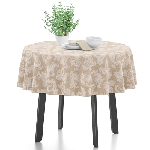 Encasa XO 4 Seater Estischtuch 145 cm-Round (57 in- Round) I Blumen Beige Jacquard -Style -Druck auf Chambray Homespun Cotton I für Familienversammlungen, Partys, die ich waschbar ist von Encasa XO