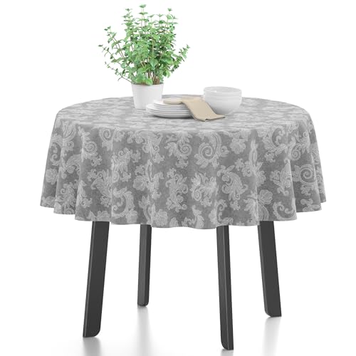 Encasa 4 Seater Estischtuch 145 cm-Round (57 in- Round) I Blumen Grau Jacquard -Style -Druck auf Chambray Homespun Cotton I für Familienversammlungen, Partys, die ich waschbar ist von Encasa XO