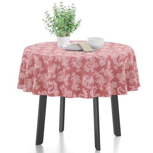 Encasa 4 Seater Estischtuch 145 cm-Round (57 in- Round) I Blumen Rot Jacquard -Style -Druck auf Chambray Homespun Cotton I für Familienversammlungen, Partys, die ich waschbar ist von Encasa XO