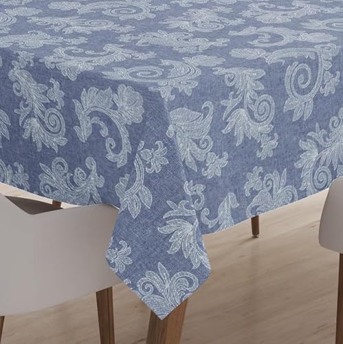 Encasa 4 Seater Estischtuch 145x145 cm (57x57 in) I Blumen Blau Jacquard -Style -Druck auf Chambray Homespun Cotton I für Familienversammlungen, Partys, die ich waschbar ist von Encasa XO