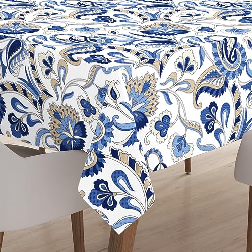 Encasa XO Polyester Bedruckte Tischdecke, Tischdecke aus Twill-Stoff, wasserabweisend, Länge 140x240 cm für rechteckigen Esstisch 6 to 8 Seater. Maschinenwaschbar, langlebig - Chintz Blue von Encasa XO