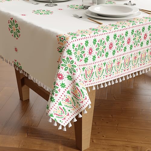 Encasa XO Silky Polyester Tischtuch für 4 to 6 Seater Tabelle | Gedrucktes Boho Hellgrün Design mit Quasten | Verwenden Sie Küchenessen, Festivals, Innen- und Außenpartys mit Größe 140x180 cm von Encasa XO