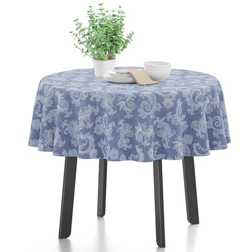 Encasa XO 4 Seater Estischtuch 145 cm-Round (57 in- Round) I Blumen Blue Jacquard -Style -Druck auf Chambray Homespun Cotton I für Familienversammlungen, Partys, die ich waschbar ist von Encasa XO