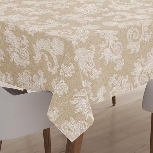 Encasa 4 Seater Estischtuch 145x145 cm (57x57 in) I Blumen Beige Jacquard -Style -Druck auf Chambray Homespun Cotton I für Familienversammlungen, Partys, die ich waschbar ist von Encasa XO