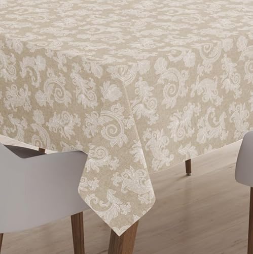 Encasa 4 to 6 Seater Estischtuch 145x180 cm (57x72 in) I Blumen Beige Jacquard -Style -Druck auf Chambray Homespun Cotton I für Familienversammlungen, Partys, die ich waschbar ist von Encasa XO