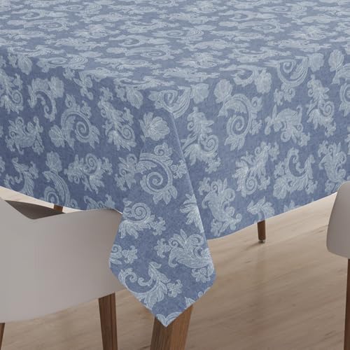 Encasa 4 to 6 Seater Estischtuch 145x180 cm (57x72 in) I Blumen Blau Jacquard -Style -Druck auf Chambray Homespun Cotton I für Familienversammlungen, Partys, die ich waschbar ist von Encasa XO