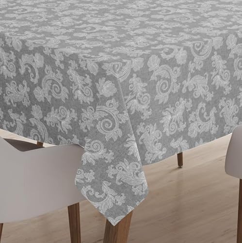 Encasa XO 6 to 8 Seater Estischtuch 145x240 cm (57x94 in) I Blumen Grey Jacquard -Style -Druck auf Chambray Homespun Cotton I für Familienversammlungen, Partys, die ich waschbar ist von Encasa XO