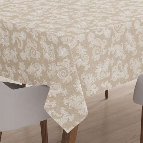 Encasa XO 8 to 10 Seater Estischtuch 145x300 cm (57x118 in) I Blumen Beige Jacquard -Style -Druck auf Chambray Homespun Cotton I für Familienversammlungen, Partys, die ich waschbar ist von Encasa XO