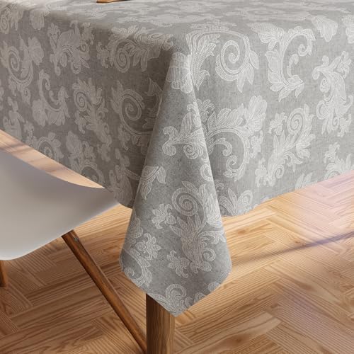 Encasa 8 to 10 Seater Estischtuch 145x300 cm (57x118 in) I Blumen Grau Jacquard -Style -Druck auf Chambray Homespun Cotton I für Familienversammlungen, Partys, die ich waschbar ist von Encasa XO