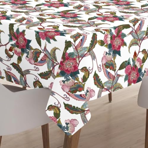 Encasa Polyester Bedruckte Tischdecke, Tischdecke aus Twill-Stoff, wasserabweisend, Länge 140x180 cm für rechteckigen Esstisch 4 to 6 Seater. Maschinenwaschbar, langlebig - Chintz rot von Encasa XO