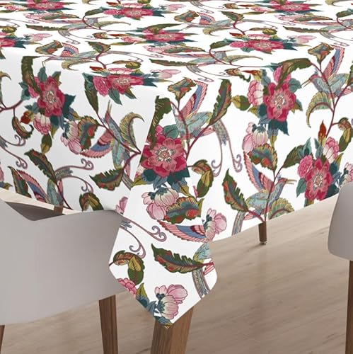 Encasa Polyester Bedruckte Tischdecke, Tischdecke aus Twill-Stoff, wasserabweisend, Länge 140x240 cm für rechteckigen Esstisch 6 to 8 seater. Maschinenwaschbar, langlebig - Chintz rot von Encasa XO