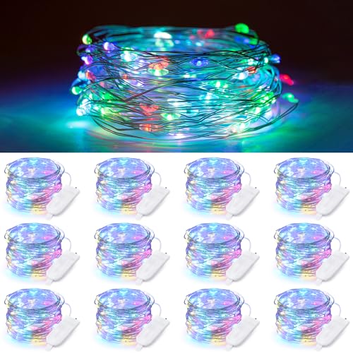 Encham 12 Stück Lichterkette Batterie Bunt Lichterketten aus Kupferdraht 2m 20 LED Knopfzelle Partybeleuchtung für Weihnachten Halloween Party Hochzeiten Innen und Außen Weihnachtsdeko von Encham