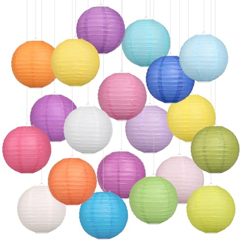 Encham 20 Stück Bunte Papierlaternen 20CM Lampions Rund Papier Laternen Lampenschirme für Feiertagen Hochzeit Halloween Weihnachten Party Geburtstage Gartenparty Babyparty Deko Innen und Außen von Encham