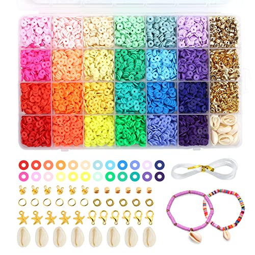 Encham 4300 Stück Polymer Clay Perlen Set 24 Farben 6 mm DIY Schnüren Perlen Ketten für Halskette Armband Ohrringe Schlüsselanhänger Mädchen Geburtstag Weihnachten Geschenke Party von Encham