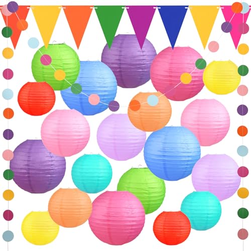 Encham Bunte Papierlaternen Bunte Party deko 20 Stück Bunte Papierlaternen mit Wimpelkette Papier Girlande Lampions Lampenschirm für Feiertagen Hochzeit Party Geburtstage Gartenparty Babyparty Deko von Encham