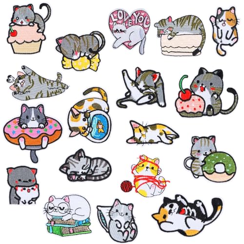 18 Stück Bügelflicken Kinder, Flicken zum Aufbügeln Kinder, Cartoon Applikation Bügelflicken, DIY Patches zum Aufbügeln, Bügelflicken für DIY Kleidung, T-shirt, Jacken, Jeans, Taschen (Katze) von Encuryna