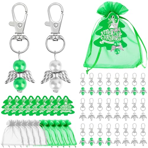 Encuryna Schutzengel Gastgeschenke 24 Stück, Engelanhänger + Organzabeutel + Kraftpapier Geschenkanhänger, Schutzengel Anhänger für Hochzeit Gastgeschenke Taufe Kommunion Weihnachten (Grün + Weiß) von Encuryna