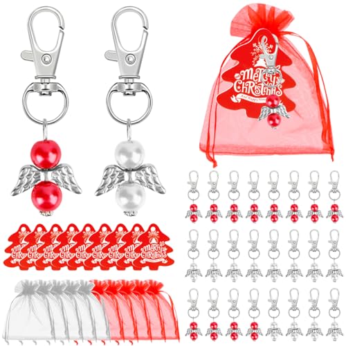 Encuryna Schutzengel Gastgeschenke, 24 Stück Engelanhänger + Organzabeutel + Kraftpapier Geschenkanhänger, Schutzengel Anhänger für Hochzeit Gastgeschenke Taufe Kommunion Konfirmation (Rot + Weiß) von Encuryna