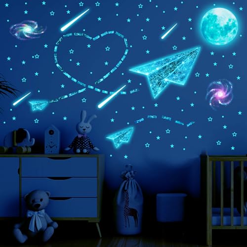 Leuchtender Wandaufkleber, Papierflieger & Mond Leuchtaufkleber Wandtattoo für Kinderzimmer Mädchen Jungen Schlafzimmer Babyzimmer Deko, Leuchtsticker Kosmische Wandsticker Dekoration von Encuryna