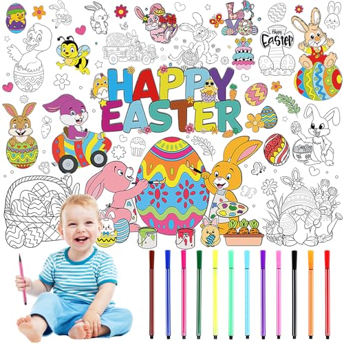 Ostern Papier Tischdecke zum Ausmalen für Kinder, 110 x 80 cm Happy Easter Bemalbare Tischdecke mit 12 Farbstifte, Kinder Ausmaltischdecke Maltischdecke Deko von Encuryna