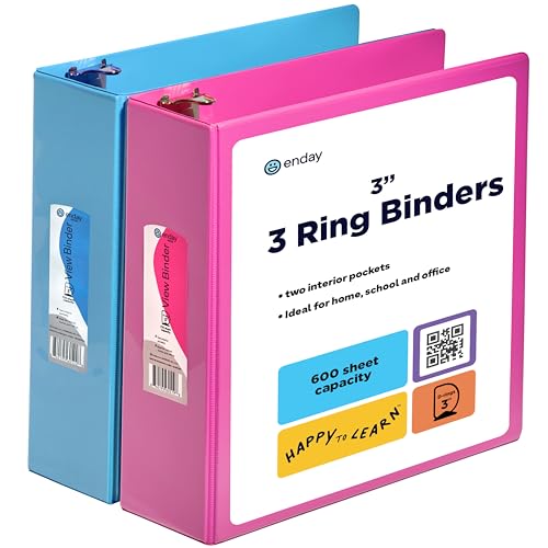 7,6 cm (3 Zoll) Ordner (2 Stück) rosa und blau, 3-Ringbuch, 7,6 cm, 3-Ringbuch, Klarsichtdeckel mit 2 Innentaschen, Ordner für Zuhause, Büro und Schulbedarf Enday von Enday