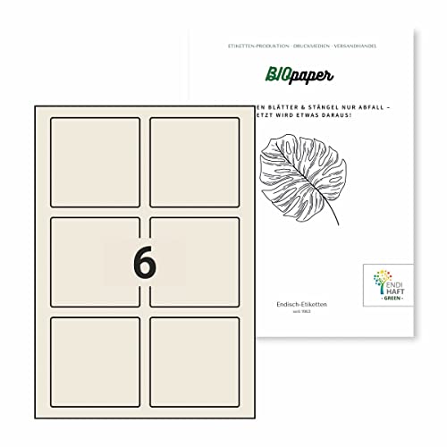 Nachhaltige Etiketten aus Bagasse Material (Quadratisch DIN A4) selbstklebend, bedruckbar, permanent haftende Universal Etiketten (85x85 mm, 10 Blatt) von Endi Haft