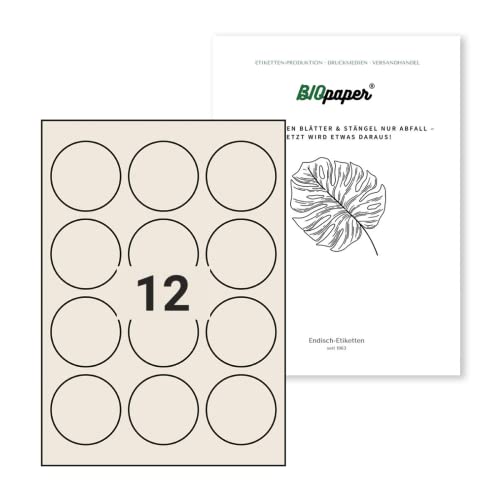 Nachhaltige Etiketten aus Bagasse Material (Rund, DIN A4) selbstklebend, bedruckbar, permanent haftende Universal Etiketten (60 mm rund, 50 Blatt) von Endi Haft