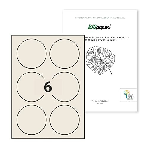 Nachhaltige Etiketten aus Bagasse Material (Rund, DIN A4) selbstklebend, bedruckbar, permanent haftende Universal Etiketten (85 mm rund, 50 Blatt) von Endi Haft