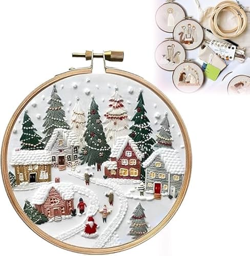 Weihnachts-Stickset, DIY-Stickset, Kreuzstich-Set für Anfänger und Erwachsene, DIY-Nadelspitzen-Set, enthält Hoop-Tuchnadeln, Fäden (Feriendorf) von Endyniner