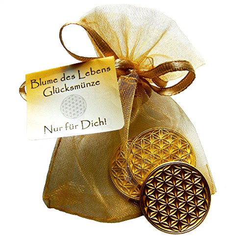 EnerChrom Blume des Lebens Glücksmünzen 3 Stück - Nur für Dich - Farbe Gold - 3er Geschenk Set Glücksbringer Lebensblume von EnerChrom