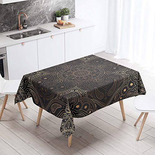 Enhome Tischdecke Rechteckige Antifouling Schmutzabweisend Tischdecke, 3D Böhmen Muster Abwaschbar Wasserabweisend Tischtuch für Küche Garten Abendessen Speisesaal (Schwarzes Gold,140x220cm) von Enhome