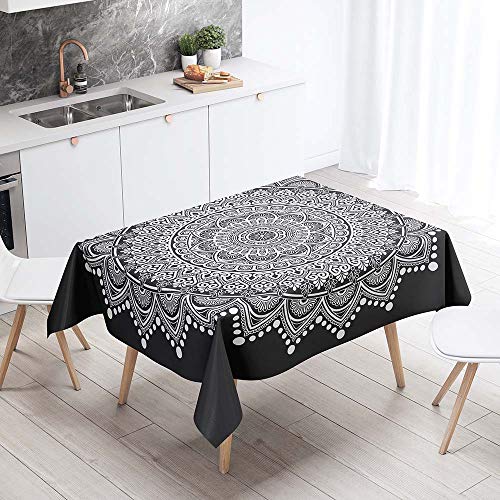 Enhome Tischdecke Rechteckige Antifouling Schmutzabweisend Tischdecke, 3D Pflanzen Muster Abwaschbar Wasserabweisend Tischtuch für Küche Garten Abendessen (Schwarzer Boho,100x140cm) von Enhome