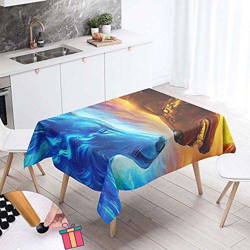 Enhome Tischdecke Wasserabweisend Rechteckige, Abwaschbar Abwischbar Tischtuch Schmutzabweisend 3D Tier Drucken Küchentischabdeckung für Küche, Speisesaal (EIS und Feuer Wolf,140x140cm) von Enhome