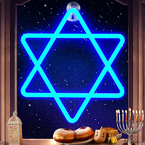 Chanukkah-Dekorationen, Davidstern, blaue Neon-Fensterlichter, 30.5 cm, batteriebetrieben und USB-betrieben, Chanukah-LED-Neonschild-Lichter mit Timer für Juden, Judentum, Chanukka, Partydekoration von Enhon