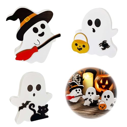 EnixwH 3 Stück Halloween Deko, Halloween Dekorationen, Halloween Geist Dekor Holz Geist Thema Tisch Mittelstücke Niedliche Geist Dekor, Süßigkeiten Schild Blöcke für Zuhause Regal Party von EnixwH