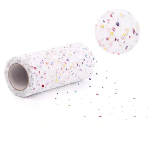 EnixwH Tüllstoff Rolle 15cm X 22m Glitzer Tüll Stoff Dekostoff Mit Kleine Regenbogen Pailletten Tüll Weiß Rolle für Diy Tutu Rock Handwerk Bogen Hochzeit Party Deko Crafts Geschenk von EnixwH