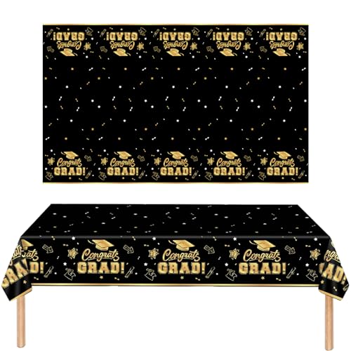 Abschlusstischtuch, 2 PCs Abschlussfeier Tischdecke PVC Water Resistant Graduationstabelle Deckt Schwarze Goldtischtücher für die Abschluss der High School Party Supplies, 137 x 274 cm von Enjoyaa