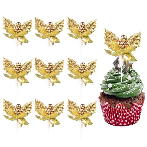 Cupcake-Topper mit Stechpalmen-Motiv, 10 Stück, für Weihnachten, Kuchen, Backen, Dessert, Dekoration (Gold) von Enjoyaa