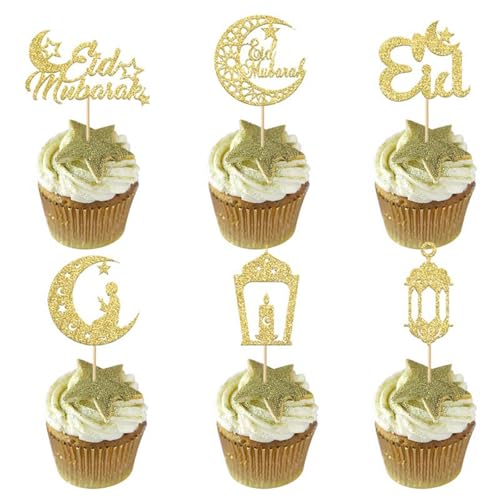 Eid Mubarak Kuchendeko,24 PCs Glitzer Gold Ramadan Cupcake Toppers Moonstar Kareem Happy Eid Mubarak Eid Cake Topper für Eid Islamic Muslim Theme Party Supplies von Enjoyaa