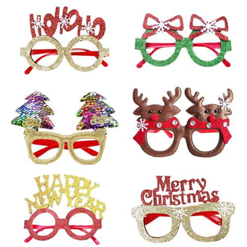 Enjoyaa 6 Stück Weihnachtsbrillenrahmen Glitzer Weihnachten Party Brillenrahmen Weihnachten Neuheit Brille für Urlaub Party Xmas Dekorationen Kinder Erwachsene Geschenk von Enjoyaa