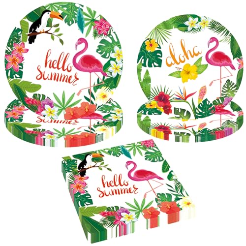 60 Pcs Flamingo Party Geschirr Zubehör,Tropische Grüne Blätter Flamingo Pappteller und Servietten für Hawaii Sommer, Strand Geburtstag Mottoparty Zubehör für 20 Gäste von Enjoyaa