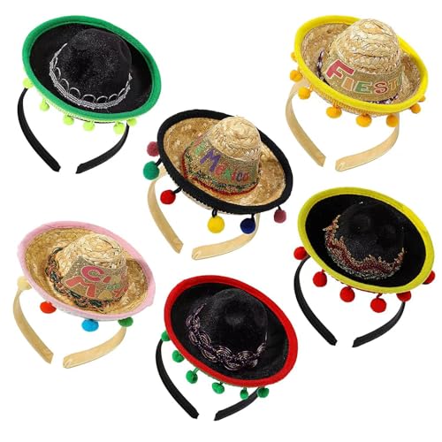 Enjoyaa Mini Mexikanischen Sombrero Hüte Stirnbänder 6 Pcs Cute Straw Sombreros Mini Fun Fiesta Strohhut Stirnband für Sommer mexikanischen Thema Party Fun Fiesta Party Favors (Style-A) von Enjoyaa