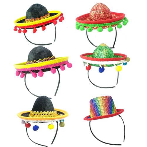 Enjoyaa Mini Mexikanischen Sombrero Hüte Stirnbänder 6 Pcs Cute Straw Sombreros Mini Fun Fiesta Strohhut Stirnband für Sommer mexikanischen Thema Party Fun Fiesta Party Favors (Style-B) von Enjoyaa