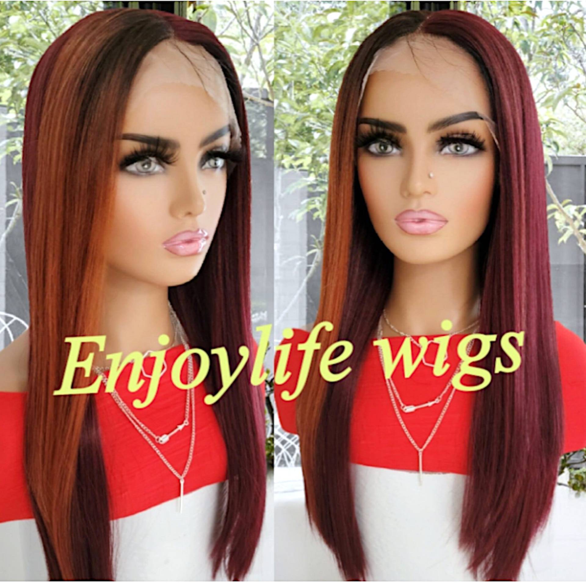 Feuerstarter Brennend Orange Halbseitig Getaucht Weinrot Schwarz Custom Color Spitze Vorderseite H.d Perücke von Enjoylifewigs