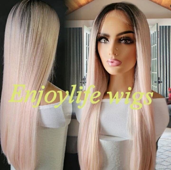 Gerade Rose Gold Rosa Dunkle Wurzel Spitze Vorne Lange Perücke Diese Ist Verstellbar Und Natürlich Aussehende von Enjoylifewigs