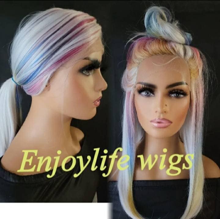 Lange H.d Spitzenfront Silberblonde Regenbogen Hervorgehobene Traum Bob Perücke von Enjoylifewigs