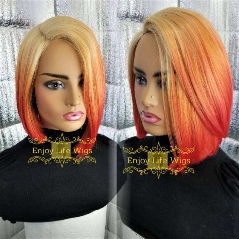 Orange Blonde Splash Bob Perücke Mit Natürlich Aussehendem Tiefen Seitenteil Ohne Spitze von Enjoylifewigs